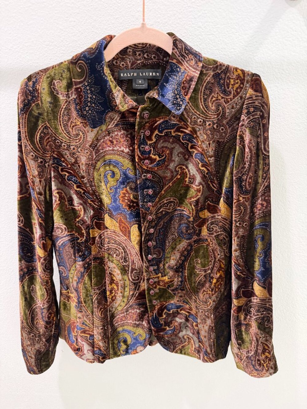 Ralph Lauren Velvet Paisley Button-Up Blouse Jewel Buttons Size 4 Made in